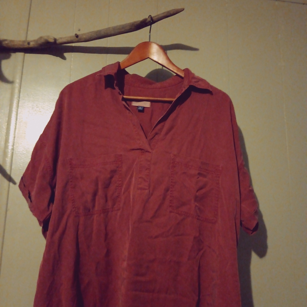 Relaxed Collared Shirt Dress - Rust Red